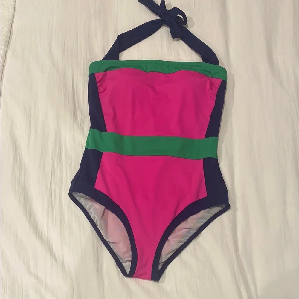 Boden Santorini Pink and Green One Piece Swimsuit with Color-Block Design - Picture 4 of 8